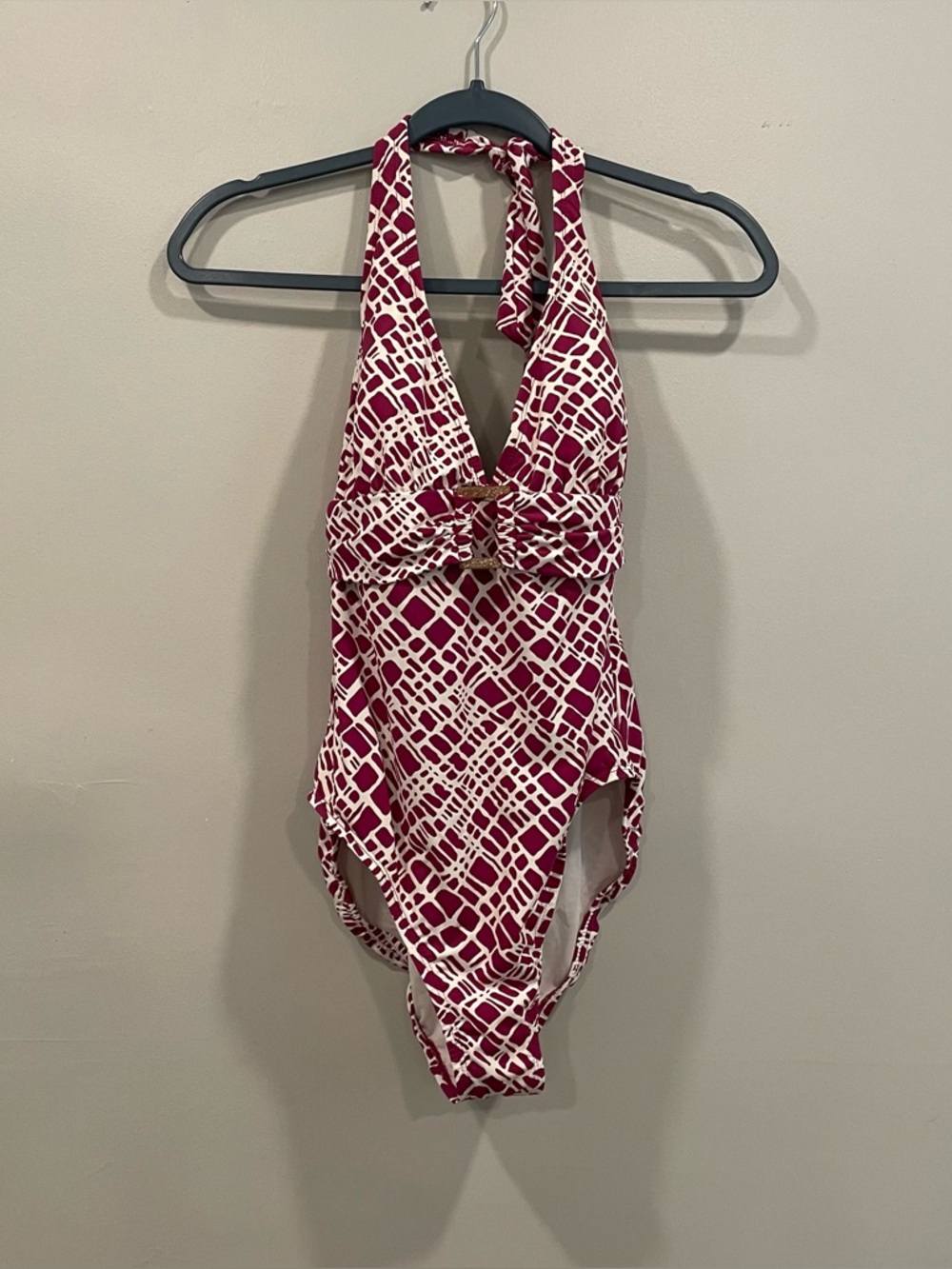 Jantzen Raspberry and White Geometric Halter One-Piece